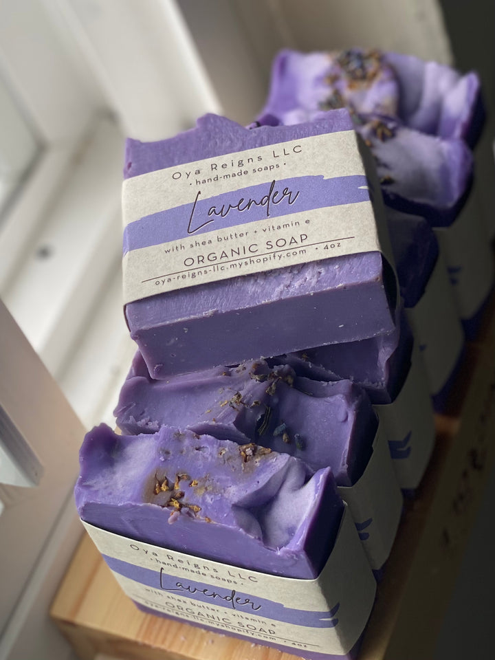 lavender handmade soap bars with paper labels