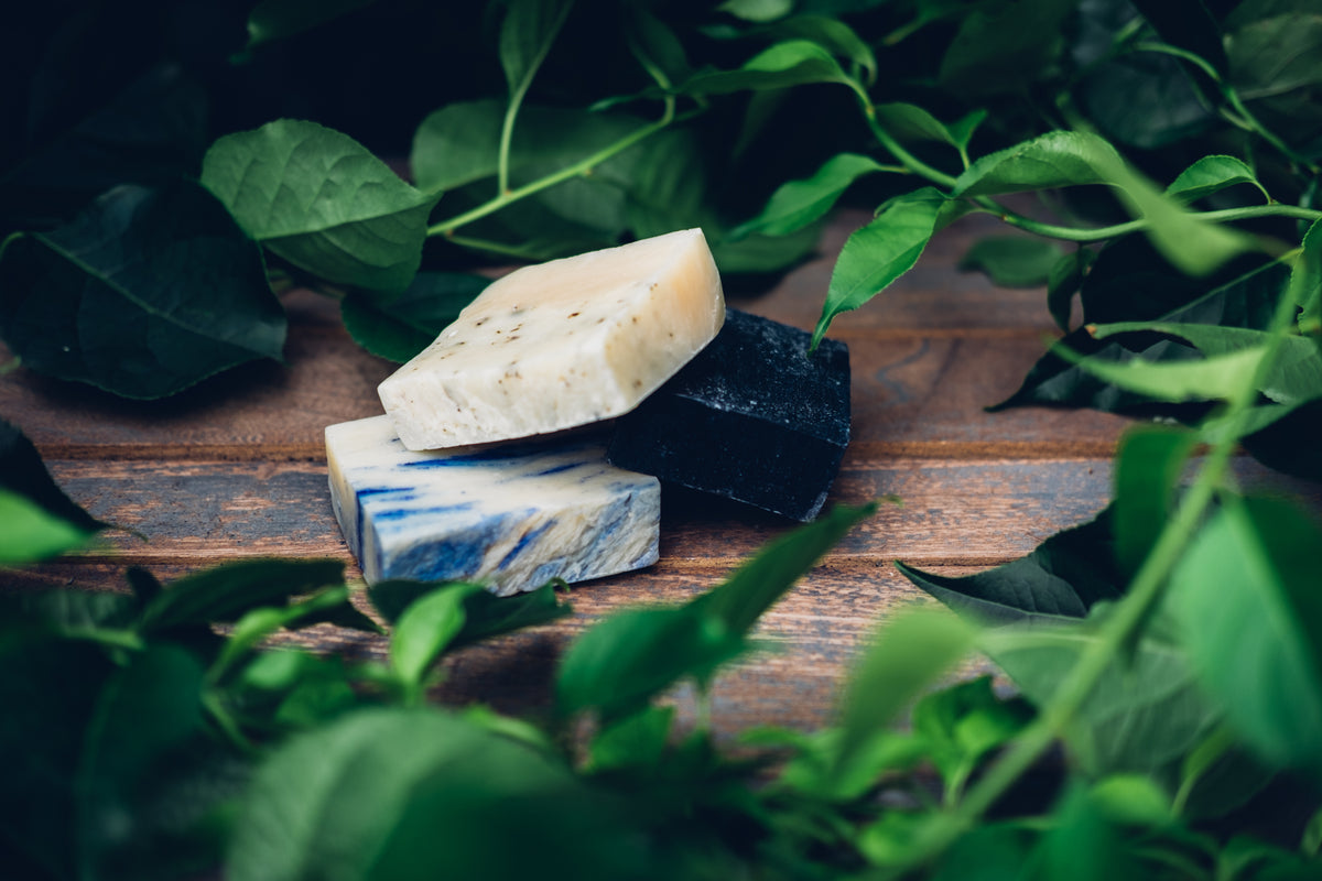 three handmade soap bars on a wooden bench surrounded by green leaves